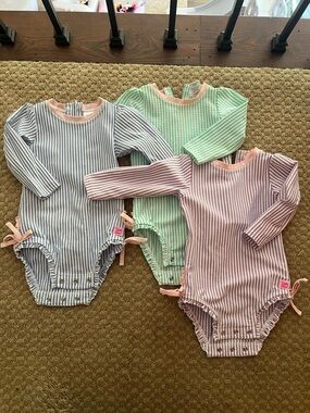 Ruffle Butts Striped Long-Sleeve One-Piece Swimsuits in Pink, Mint & Light Blue